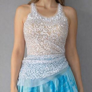 Y2K BEDO White Sequin Beaded Sheer Tank Party Top Halter Stretch XS Small